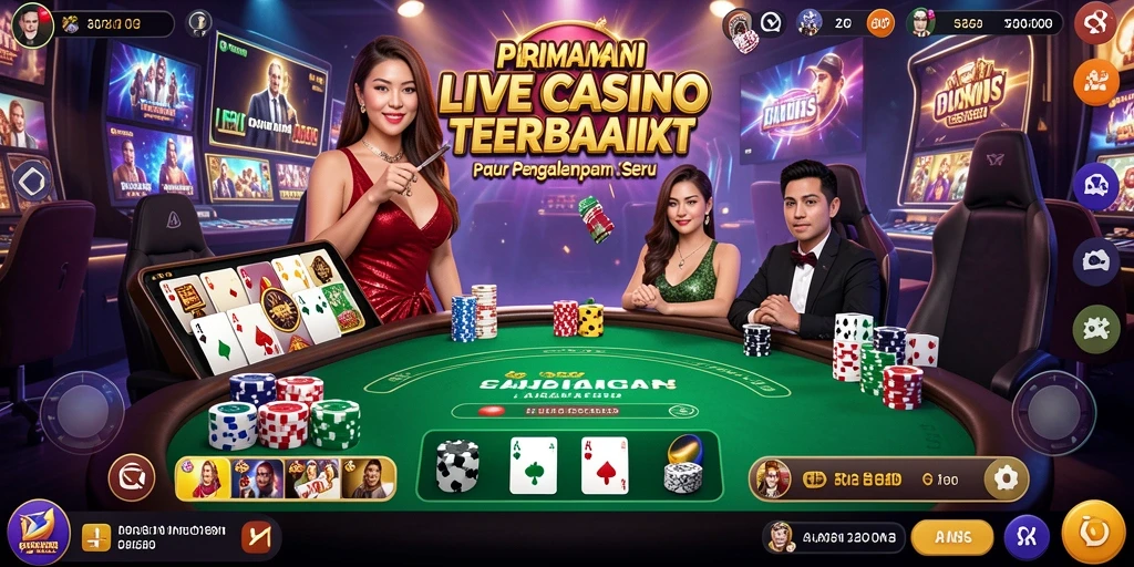 Screenshot gameplay Live Casino yang menampilkan dealer sungguhan dan suasana kasino.