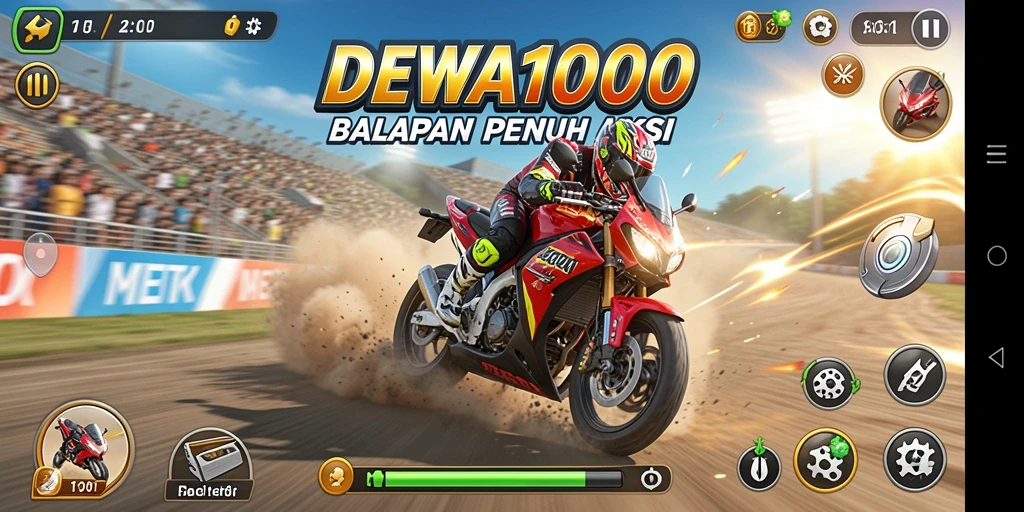 Screenshot gameplay DEWA1000 menampilkan balapan motor yang mendebarkan.