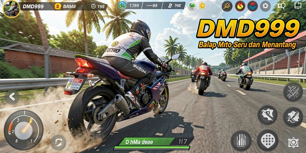 Tampilan gameplay yang mendebarkan dalam DMD999 saat balapan motor.
