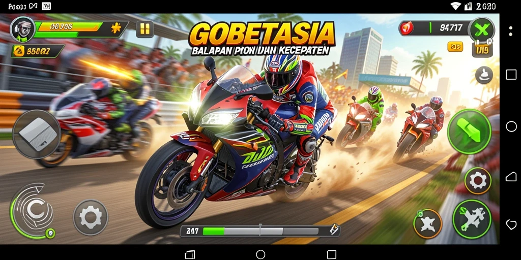 Screenshot gameplay GOBETASIA yang menunjukkan aksi balapan motor yang seru.