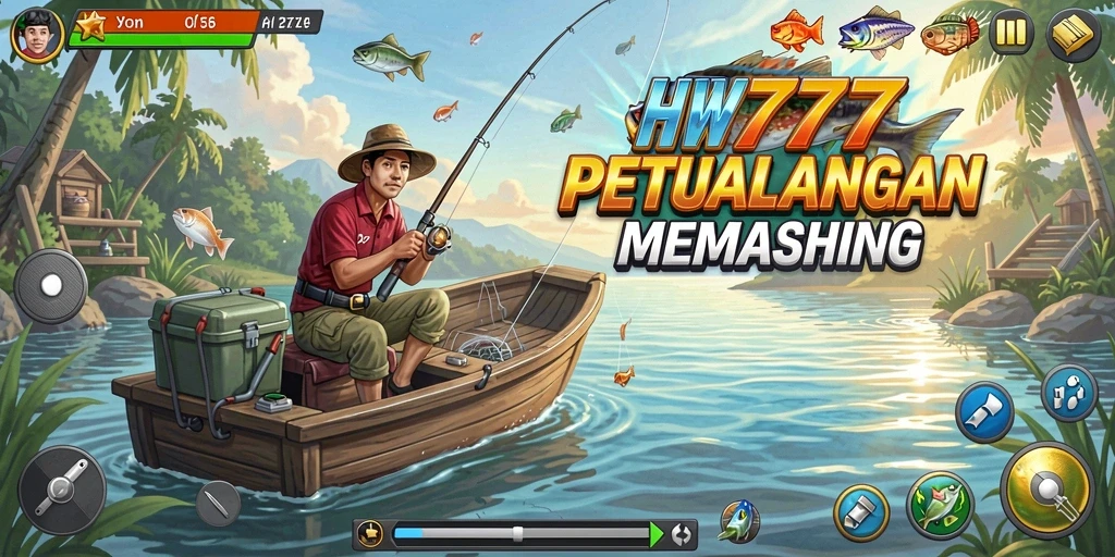 Screenshot HW777 menampilkan pemain menangkap ikan di laut biru.