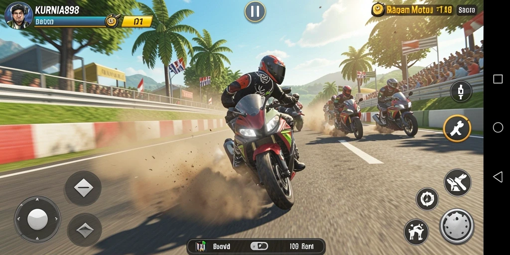 Screenshot gameplay KURNIA898 yang menunjukkan aksi balapan motor yang intens.