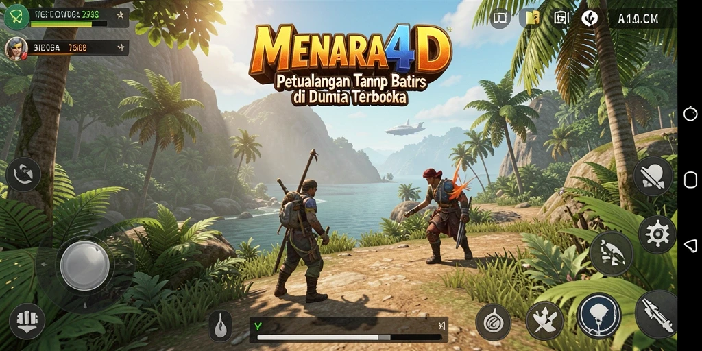Screenshot MENARA4D menampilkan karakter menjelajahi dunia terbuka yang indah.