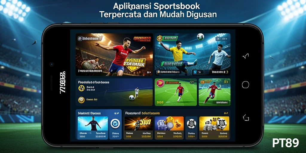 Tampilan screenshot utama PT89 yang menunjukkan antarmuka aplikasi Sportsbook.