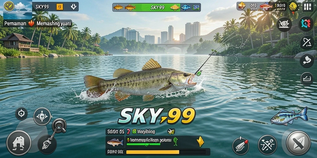 Tampilan gameplay <strong>SKY99</strong> yang menampilkan aksi memancing seru dan interaksi pemain.