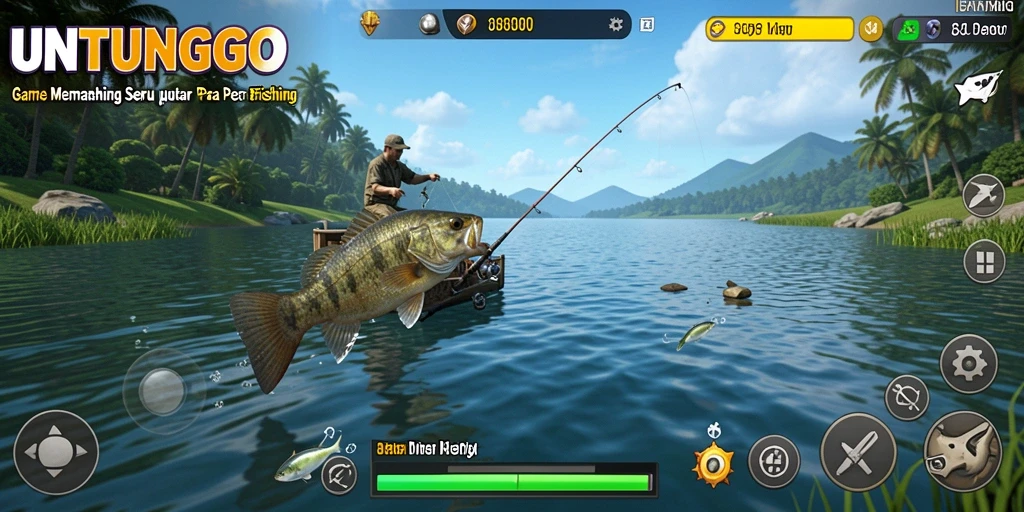 Screenshot UNTUNGGO menampilkan momen seru saat memancing di danau.